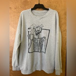 Skeleton drinking coffee gray hoodie